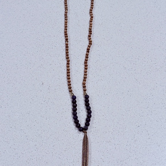 Brown and Blue Beaded Necklace with Feather Pendant - Picture 1 of 3
